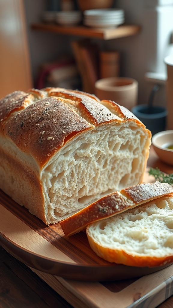 A freshly baked loaf of 7-day bread on a wooden board, with slices showing its airy texture, accompanied by olive oil and herbs.